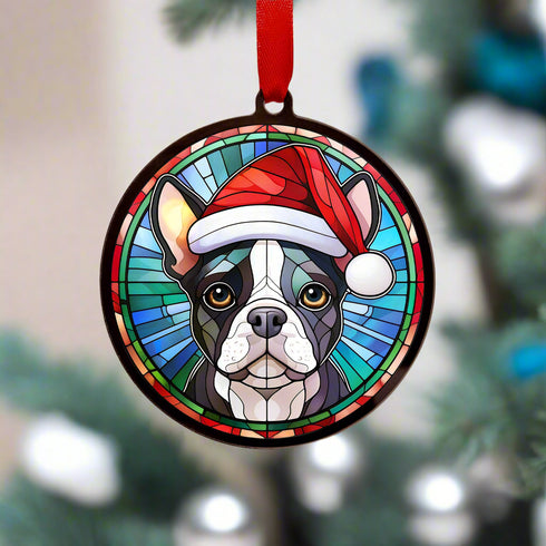 Boston Terrier in Santa Hat Suncatcher Decoration
